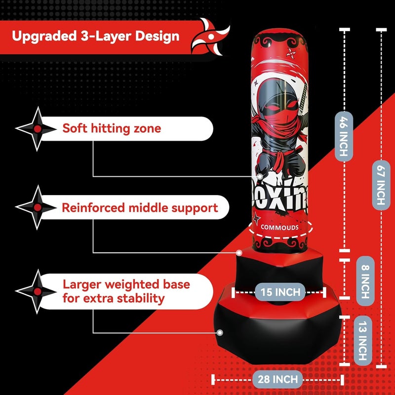 COMMOUDS 67inch Punching Bag for Kids, Inflatable Kids Boxing Set with Gloves, Fast Rebound Punching Bag for Practicing Karate, Taekwondo, MMA, Christmas/Birthday Gift for Boys Girls, Ages 6-14 - Image 4